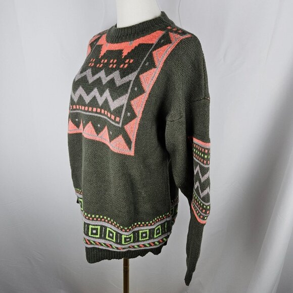 Vintage Sun Valley Green & Neon Fair Isle 80's Geometric Wool Sweater Large - Picture 3 of 10